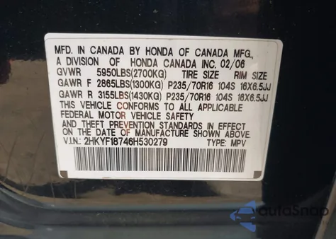 2006 Honda Pilot Ex from USA, damaged, VIN 2HKYF18746H530279